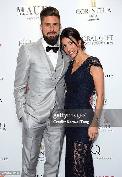 Olivier Giroud and wife Jennifer attend the Global Gift Gala in partnership with Quintessentially on November 19, 2016 at the Corithinia Hotel in...