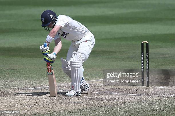 Peter Nevill of NSW is bowled during day four of the Sheffield Shield match between New South Wales and Victoria at Sydney Cricket Ground on November...