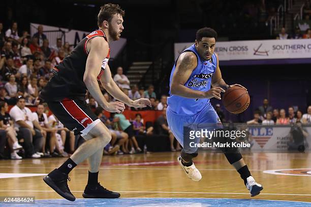 Corey Webster of the Breakers drives to the basket during the round seven NBL match between the Illawarra Hawks and the New Zealand Breakers at the...