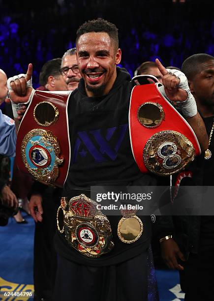 Andre Ward poses after defeating Sergey Kovalev of Russia by unanimous decision in their light heavyweight title bout at T-Mobile Arena on November...