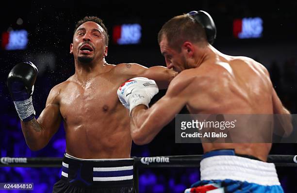 Sergey Kovalev of Russia lands a left hook to the head of Andre Ward during the second round of their light heavyweight title bout at T-Mobile Arena...