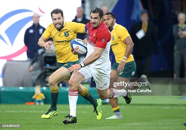 Scott Spedding of France and Luke Morahan of Australia in action during the international friendly test match between France and Australia at Stade...