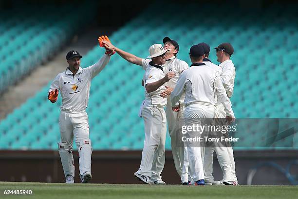 Victorian players celebrate the win over NSW during day four of the Sheffield Shield match between New South Wales and Victoria at Sydney Cricket...