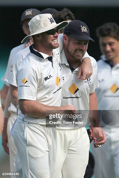 Victorian players celebrate the win over NSW during day four of the Sheffield Shield match between New South Wales and Victoria at Sydney Cricket...