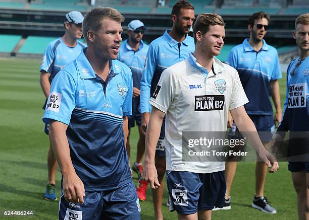 David Warner and Steve Smith of NSW during day four of the Sheffield Shield match between New South Wales and Victoria at Sydney Cricket Ground on...