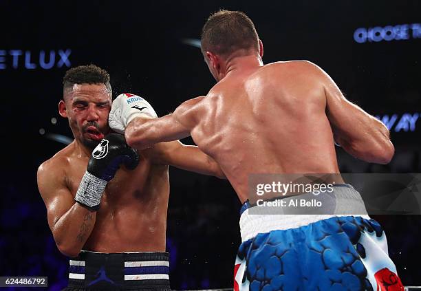 Sergey Kovalev of Russia lands a left to the head of Andre Ward during their light heavyweight title bout at T-Mobile Arena on November 19, 2016 in...