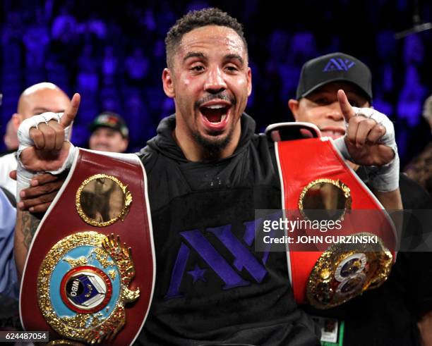 Andre Ward of the US celebrates his unanimous decision victory over Sergey Kovalev of Russia to win their WBA, IBF and WBO lightheavyweight world...