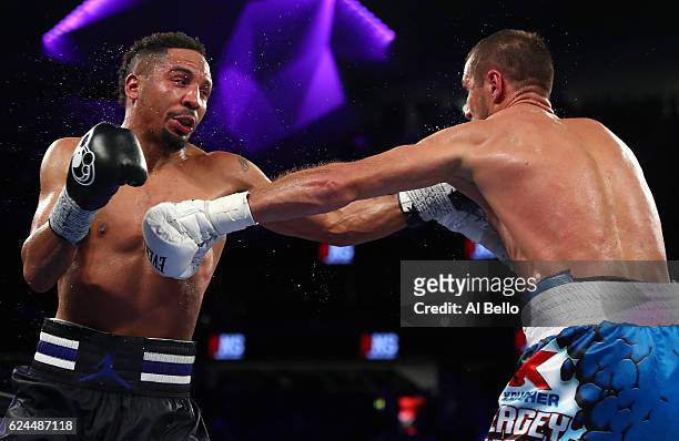 Andre Ward battles Sergey Kovalev of Russia during their light heavyweight title bout at T-Mobile Arena on November 19, 2016 in Las Vegas, Nevada.