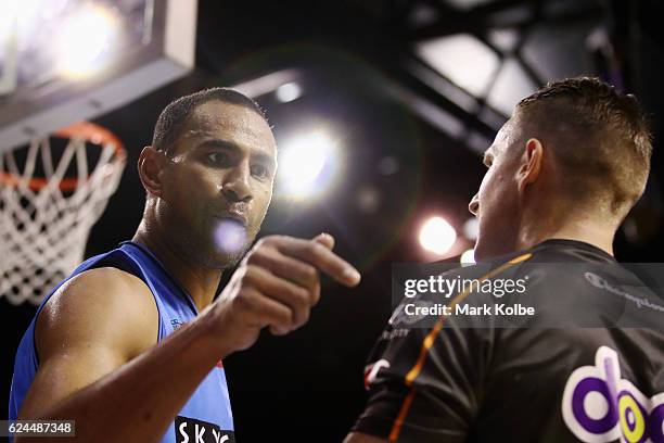 Mika Vukona of the Breakers shows his frustration as he makes his point to the umpire during the round seven NBL match between the Illawarra Hawks...