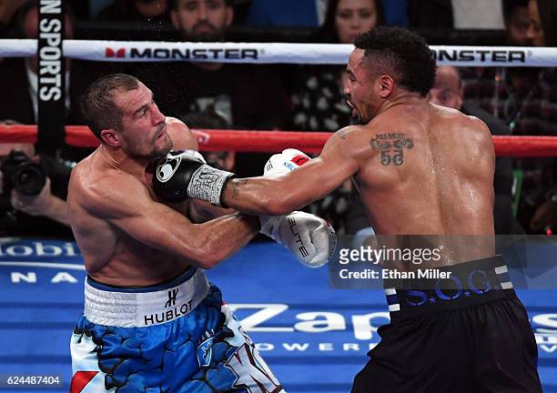 Andre Ward hits Sergey Kovalev with a left in the seventh round of their light heavyweight championship bout at T-Mobile Arena on November 19, 2016...