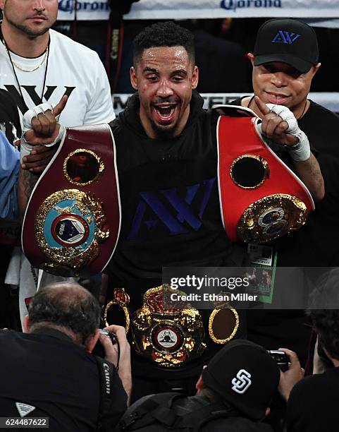 Andre Ward celebrates after winning his light heavyweight championship bout against Sergey Kovalev at T-Mobile Arena on November 19, 2016 in Las...