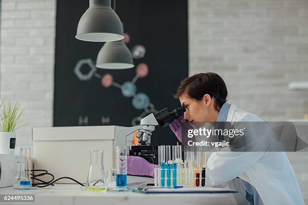 researcher using microscope in her lab. - physics experiment stock pictures, royalty-free photos & images