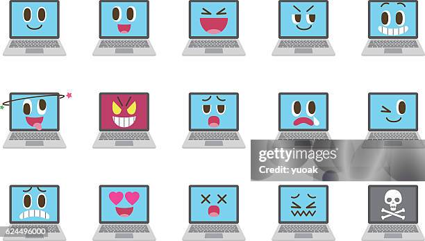 laptop emoticons - pleased face laptop stock illustrations