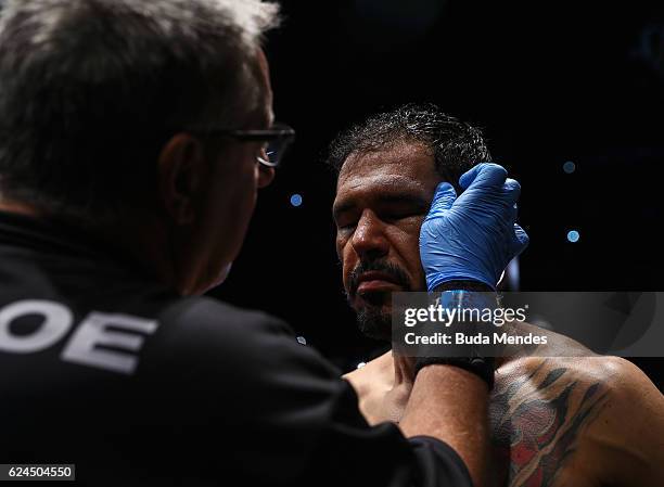 Antonio Rogerio Nogueira of Brazil prepares to enter the octagon prior to his light heavyweight bout against Ryan Bader of the United States at the...
