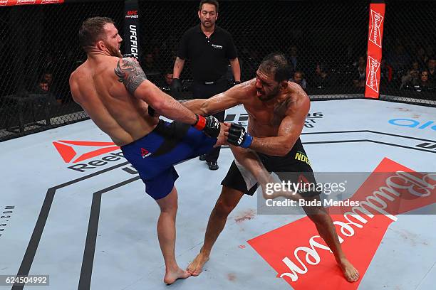 Ryan Bader of the United States kicks Antonio Rogerio Nogueira of Brazil during their light heavyweight bout at UFC Fight Night Bader v Minotouro at...
