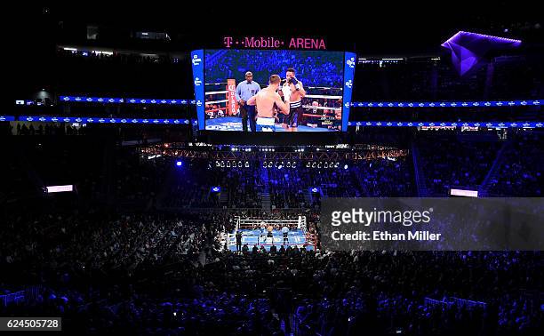 General view shows Sergey Kovalev and Andre Ward in the third round of their light heavyweight championship bout at T-Mobile Arena on November 19,...