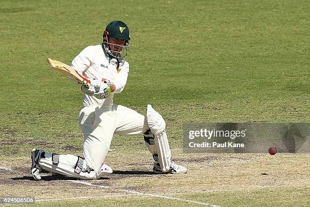 George Bailey of Tasmania bats during day four of the Sheffield Shield match between Western Australia and Tasmania at WACA on November 20, 2016 in...