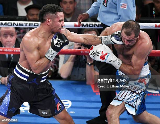 Andre Ward hits Sergey Kovalev with a left in the eighth round of their light heavyweight championship bout at T-Mobile Arena on November 19, 2016 in...