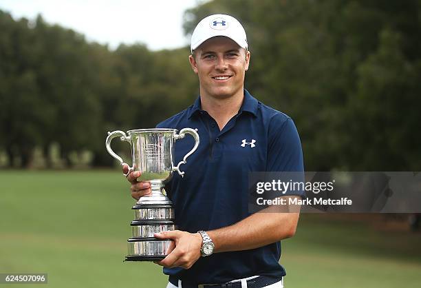 Jordan Spieth of the United States poses with the Stonehaven trophy after winning the 2016 Australian Open during day four of the 2016 Australian...