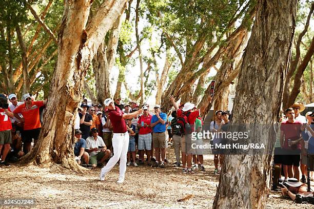 Cameron Smith of Australia plays out of the rough on the 18th hole during day four of the 2016 Australian Open at Royal Sydney Golf Club on November...