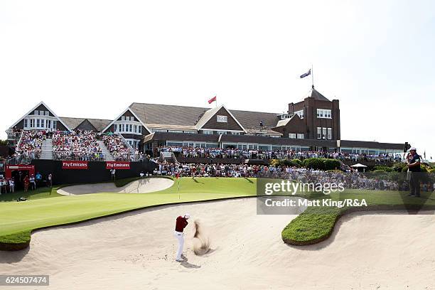 Cameron Smith of Australia plays out of the bunker on the 18th hole during day four of the 2016 Australian Open at Royal Sydney Golf Club on November...