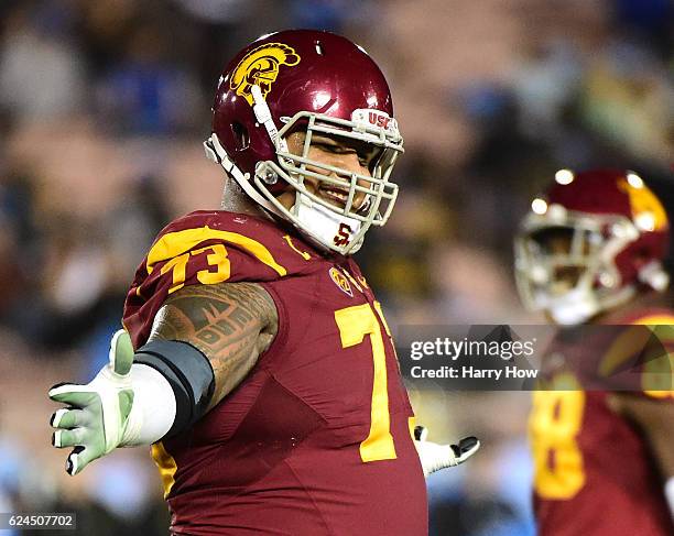 Offensive tackle Zach Banner of the USC Trojans smiles during a 36-14 win over the UCLA Bruins at Rose Bowl on November 19, 2016 in Pasadena,...