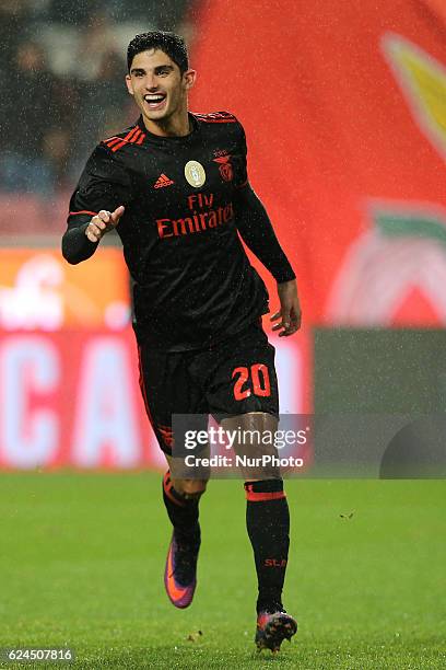 Benficas forward Goncalo Guedes from Portugal celebrating after scoring a goal during Portuguese Cup match between SL Benfica v CS Maritimo , at Luz...