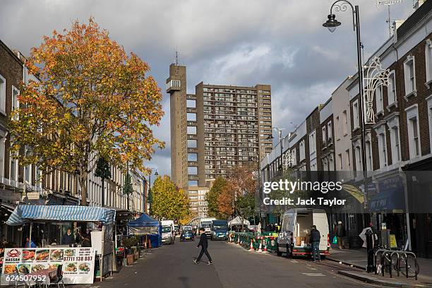 General view of the Trellick Tower on November 18, 2016 in London, England. Brutalism is a style of architecture, which was popular between the 1950s...