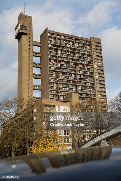 General view of the Trellick Tower on November 18, 2016 in London, England. Brutalism is a style of architecture, which was popular between the 1950s...