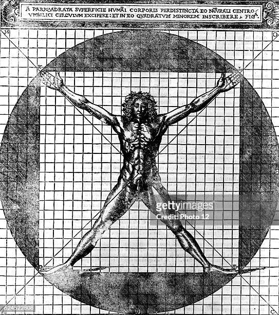 Proportions of the human body after Leonardo's studies, also called "Vitruvian man". Male human body with limbs extended, superimposed on a grid and...