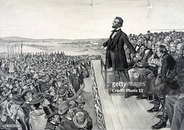 Abraham Lincoln making his famous address on 19 November 1863 at the dedication of the Soldiers' National Cemetery at Gettysburg on the site of the...