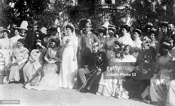 Franz Joseph I, Emperor of Austria, seated centre, at the marriage of Archduke Charles to Princess Zita of Bourbon-Parma at Schwarzau Castle, 21...