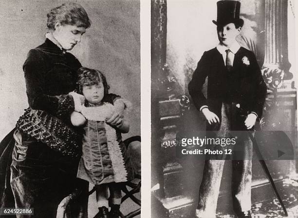 Winston Spencer Churchill, British statesman. Left: Churchill, aged 4, held by his mother, Lady Randolph Churchill. Right: Churchill at 12, in...