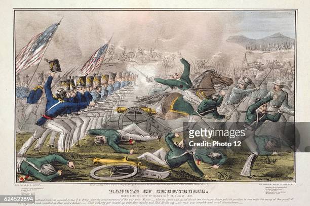 Mexican-American War 1846-1848 : Battle of Churubusco, 10 August 1847, fought _5 miles from Mexico City. American infantry charging Mexican battery...