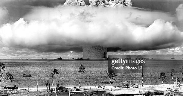 United States detonating an atomic bomb at Bikini Atoll in Micronesia for the first underwater test of the device in 1946.