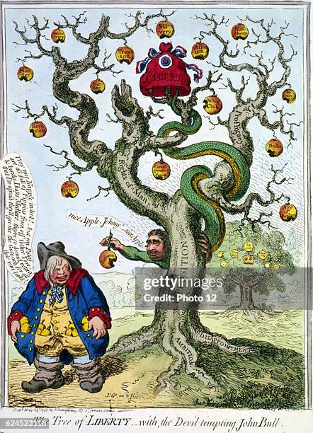 James Gillray, British school. The Tree of Liberty , Snake, tail in Cap of Liberty, face of Charles James Fox, coiled round dying oak, offers damaged...