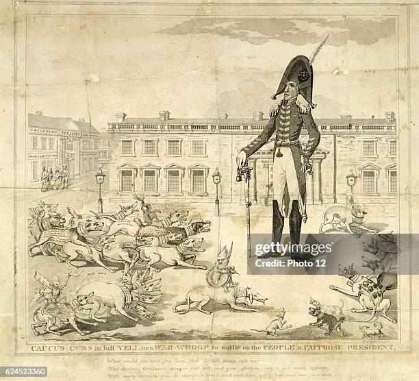 Caucus curs in full yell, or a war whoop, to saddle on the people, a pappoose president by James Akin, circa 1824. Etching/Engraving/Aquatint print...