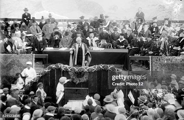 Lord Balfour declaring the Hebrew University, Jerusalem, Palestine, 1925. Lord Balfour was a British Conservative politician and statesman.