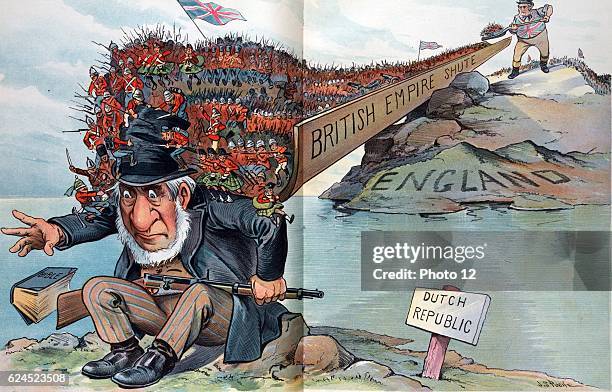 Too Much for Him! 1900. Puck Illustration showing John Bull shovelling British soldiers into the "British Empire Shute" which ends on the shoulders...