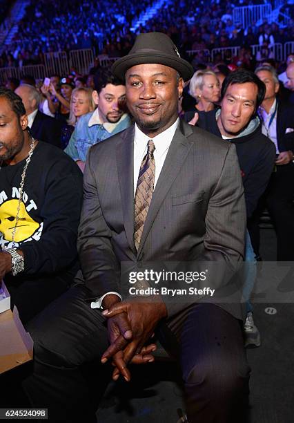 Professional boxer Lennox Lewis sits in the audience during Kovalev vs. Ward and DUSSE Lounge at T-Mobile Arena on November 19, 2016 in Las Vegas,...