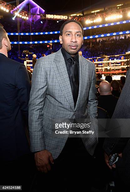 Personality Stephen A. Smith sits in the audience during Kovalev vs. Ward and DUSSE Lounge at T-Mobile Arena on November 19, 2016 in Las Vegas,...