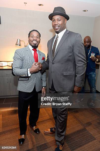 Professional boxers Shawn Porter and Lennox Lewis attend the DUSSE Lounge at Kovalev vs. Ward at T-Mobile Arena on November 19, 2016 in Las Vegas,...