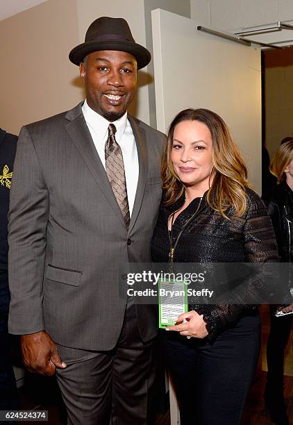 Professional boxer Lennox Lewis , and radio personality Angie Martinez attend the DUSSE Lounge at Kovalev vs. Ward at T-Mobile Arena on November 19,...
