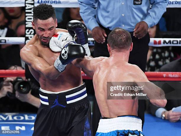 Sergey Kovalev hits Andre Ward in the eighth round of their light heavyweight championship bout at T-Mobile Arena on November 19, 2016 in Las Vegas,...