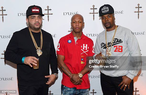 Debo, professional boxer Zab Judah, and rapper Memphis Bleek attend the DUSSE Lounge at Kovalev vs. Ward at T-Mobile Arena on November 19, 2016 in...