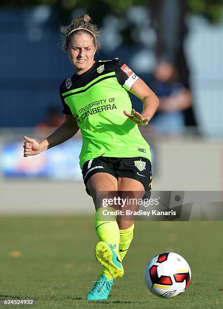 Ellie Brush of Canberra passes the ball during the round three W-League match between the Brisbane Roar and Canberra United at AJ Kelly Field on...