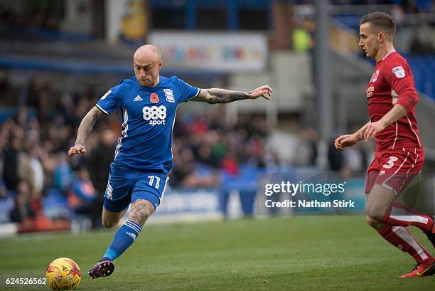 November 19: David Cotterill of Birmingham City and Joe Bryan of Bristol City in action during the Sky Bet Championship match between Birmingham City...