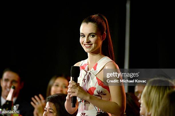 Actress Vanessa Marano speaks during Moet & Chandon Celebrates The 2016 Young Women's Honors at Marina del Rey Marriott on November 19, 2016 in...