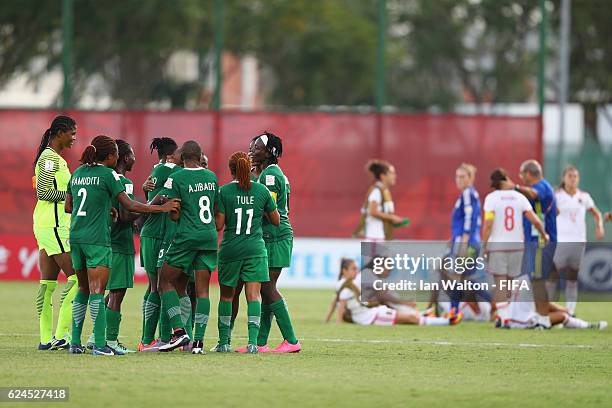 Nigeria players celebrates after winning the FIFA U-20 Women's World Cup, Group B match between Nigeria and Spain at PNG Football Stadium on November...