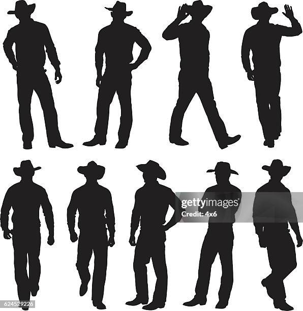 illustrazioni stock, clip art, cartoni animati e icone di tendenza di cowboy in varie azioni - cowboy